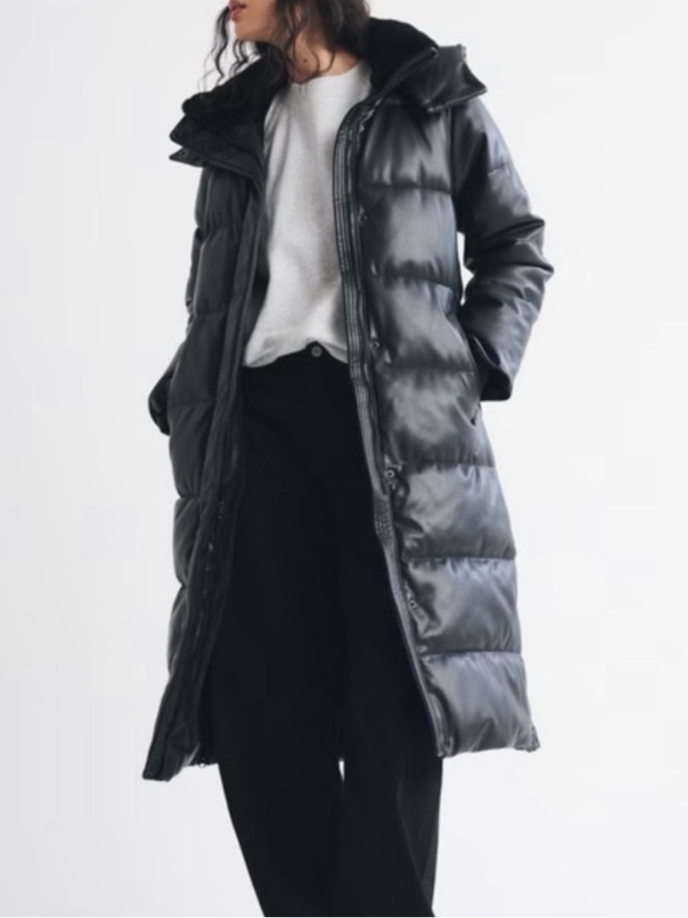 NEW Abercrombie & Fitch vegan faux leather black long jacket with hood XS